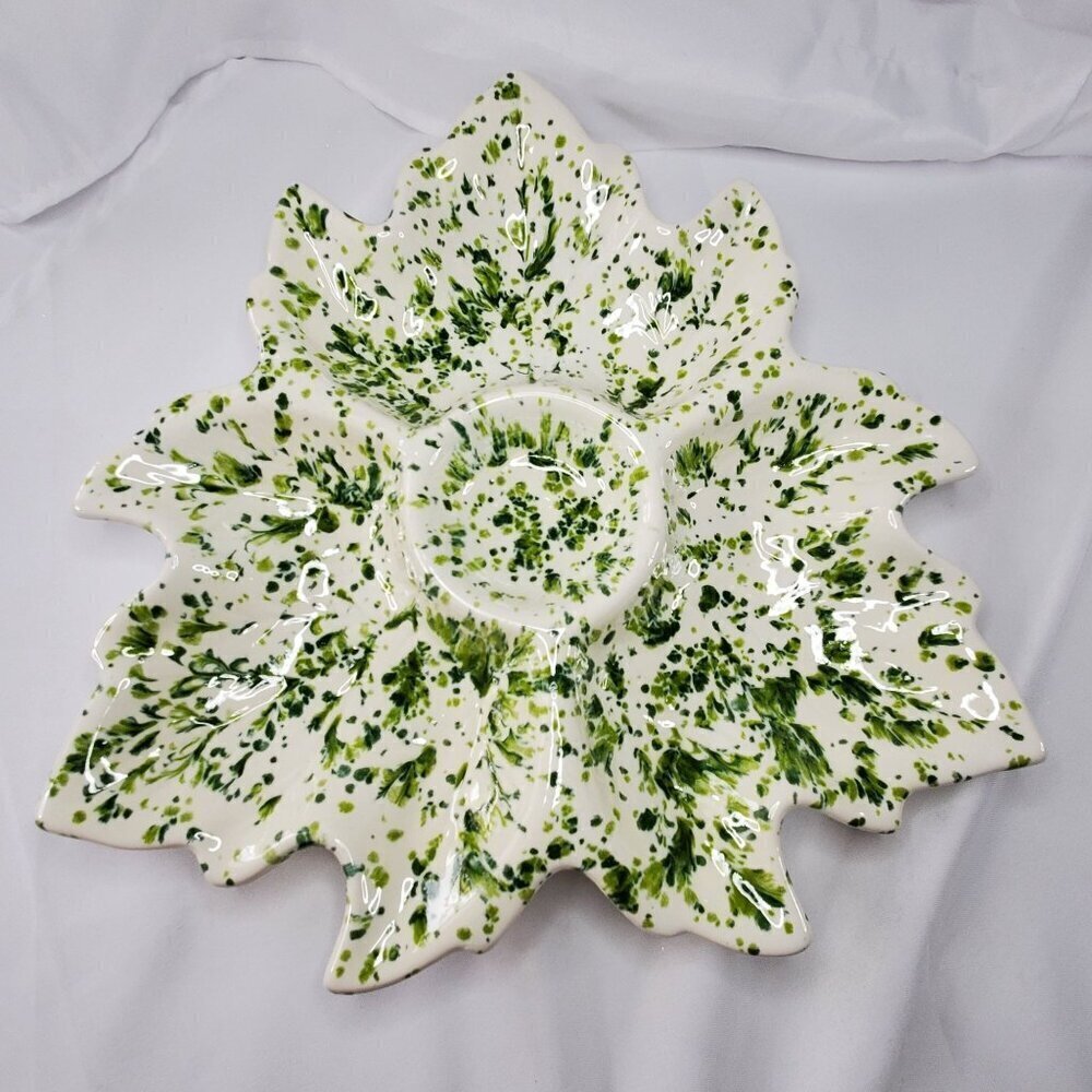 VTG Holland Mold Ceramic Serving Dish Tray 1972 Green & White Poinsettia Shape